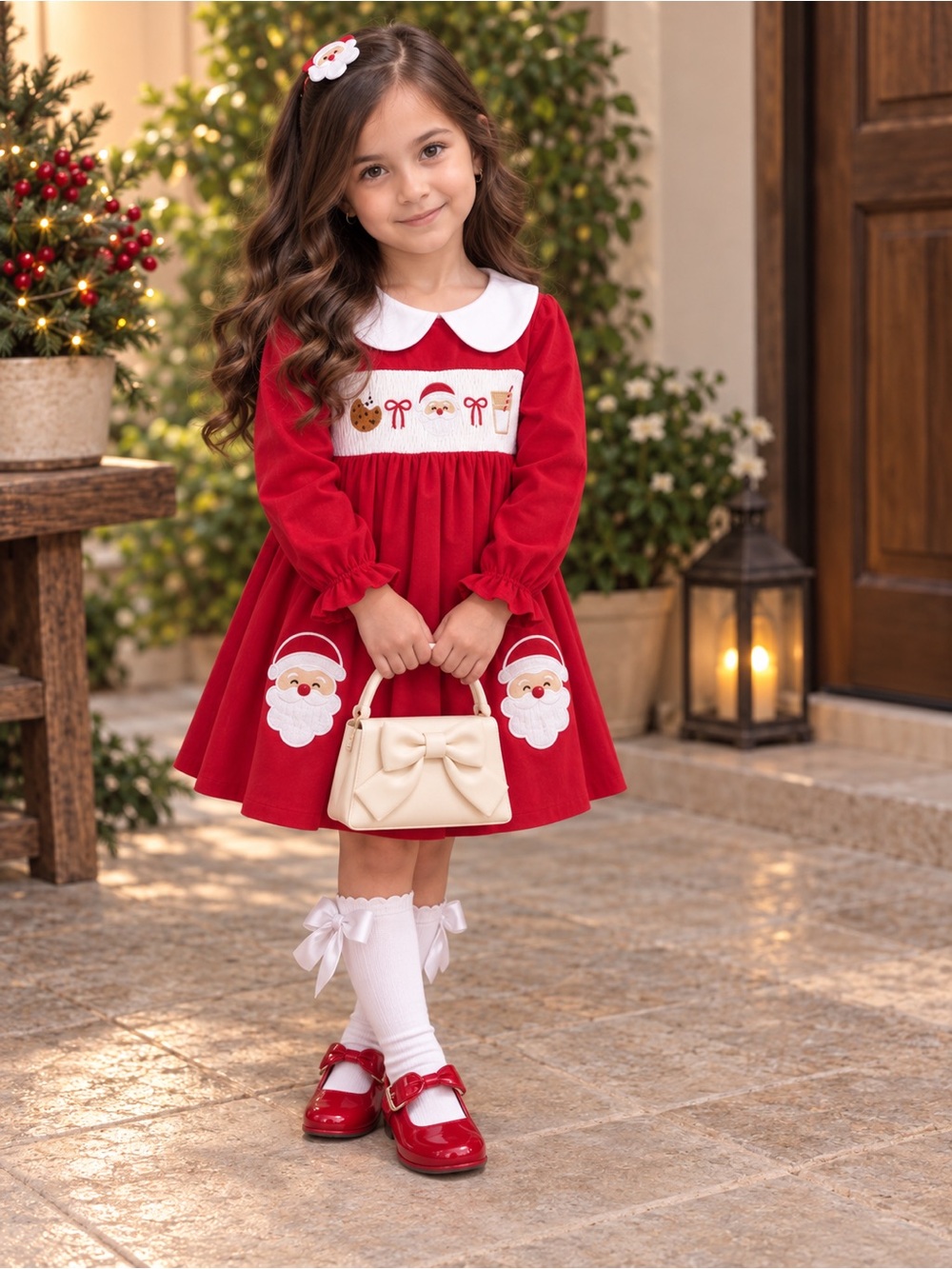 Girls Red Santa Appliqué Holiday Dress with Peter Pan Collar